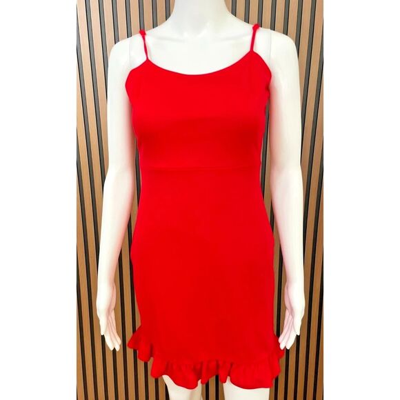 Lulus Spoonful of Sass Women's Dress Bodycon Mini Ruffled Trim Ponte Lined S Red - Picture 1 of 8